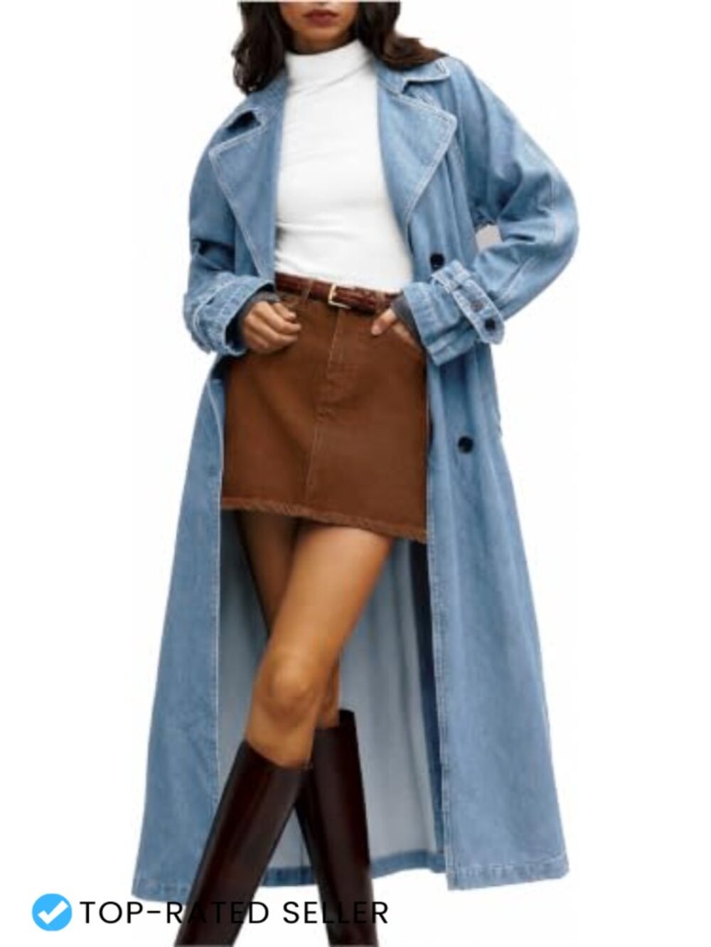 Women's Denim Trench Coat Midi Overcoat Classic Lapel Long Jacket